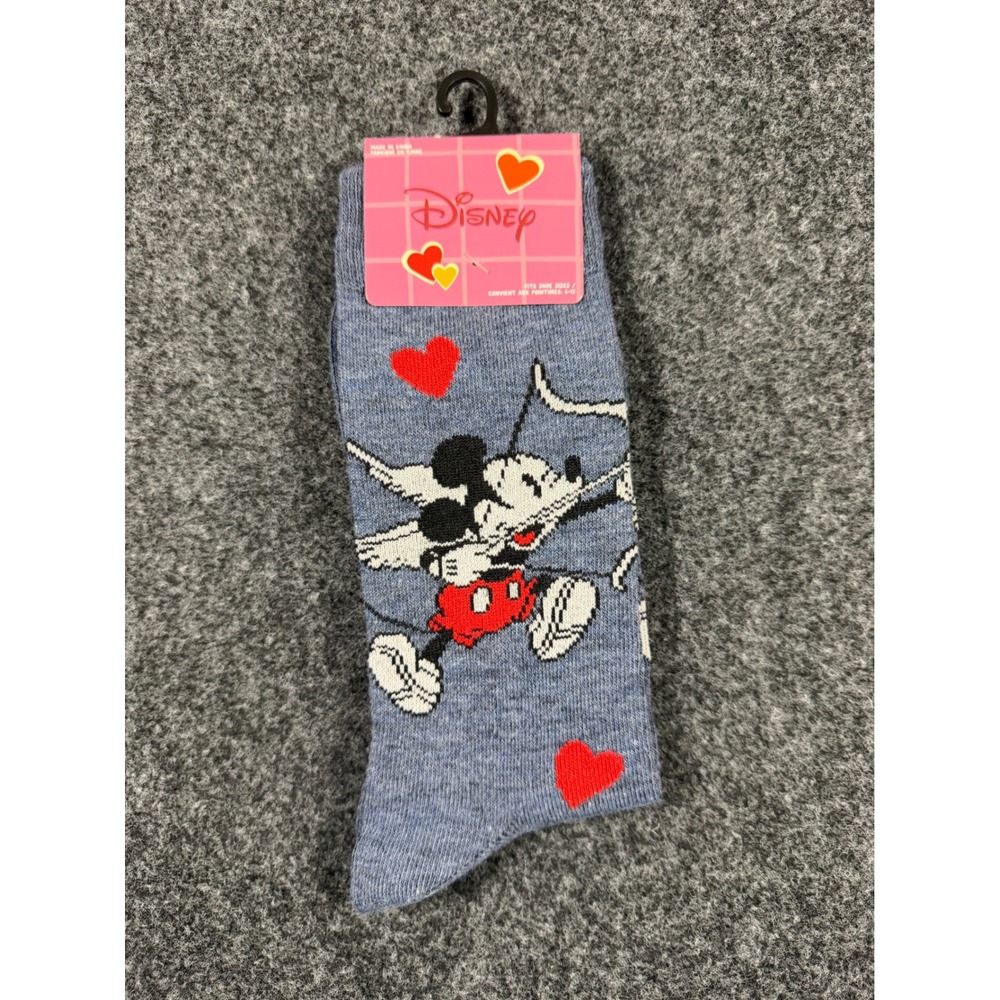 Disney Mickey Mouse Cupid Hearts Blue Heather Crew Socks New Fits Shoe Size 4-10